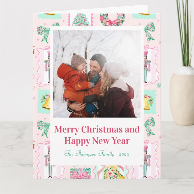 Tarjeta Pink & Green Nutcracker Custom Christmas Photo  (Anverso)