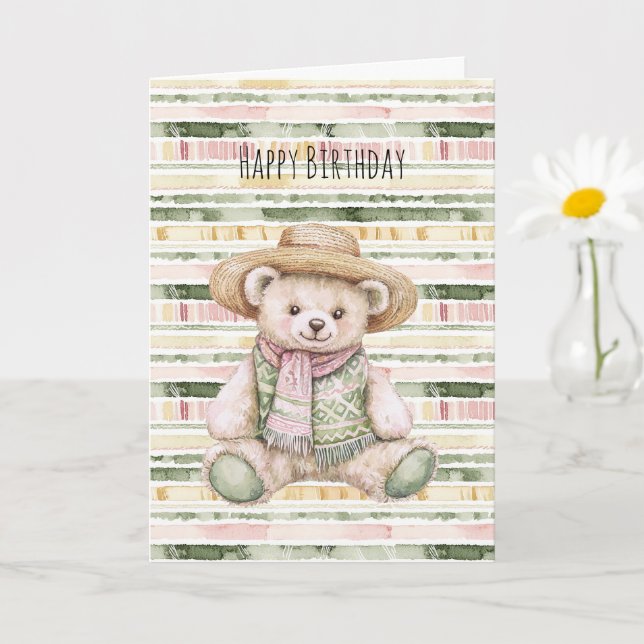 Tarjeta Pink Green Yellow Stripes Teddy Bear Birthday (Planta pequeña)