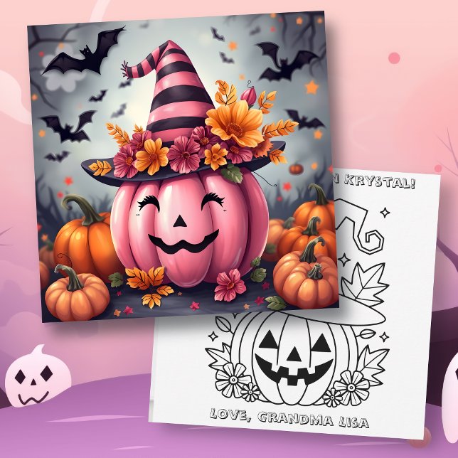 Tarjeta Pink Halloween Pumpkin & Coloring Page Personalize (Subido por el creador)