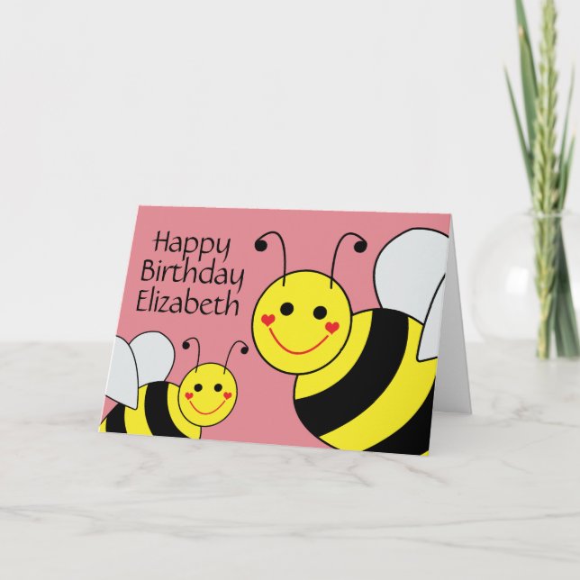 Tarjeta Pink Happy Birday Bumble Bee Personalizado (Anverso)