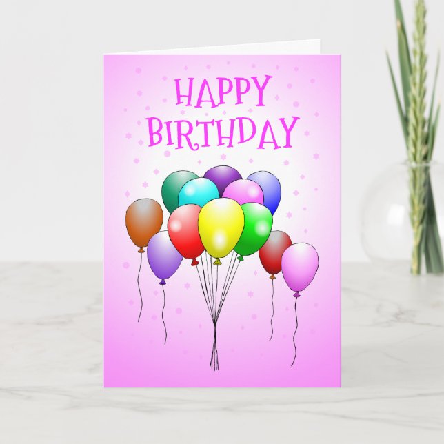Tarjeta Pink Happy Birday Card con globos de colores (Anverso)