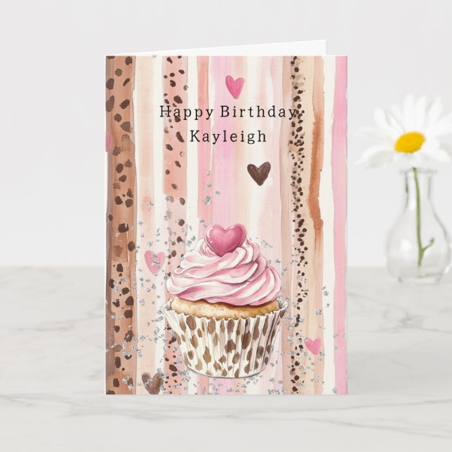 Tarjeta Pink Heart Leopard Cupcake Confetti Birthday (Planta pequeña)