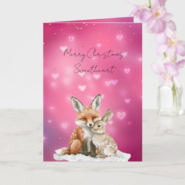Tarjeta Pink Hearts Fox Bunny Glitzy Sweetheart Christmas (Orquídea)