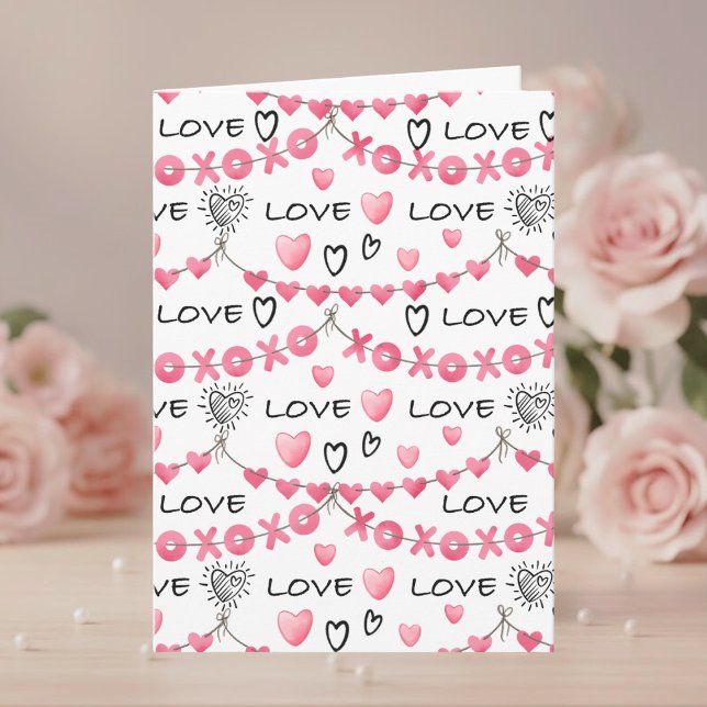 Tarjeta Pink Hearts Love Doodle Script Pattern Valentine's (Subido por el creador)