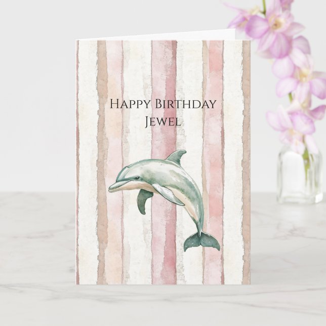 Tarjeta Pink Ivory Cream Stripes Dolphin Birthday (Orquídea)