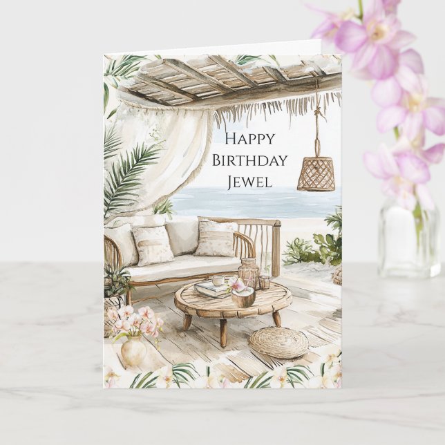 Tarjeta Pink Ivory Cream Stripes Pink Orchids Birthday (Orquídea)