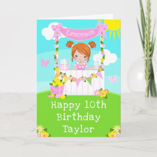 Tarjeta Pink Lemonade Red Hair Chica Feliz cumpleaños (Anverso)