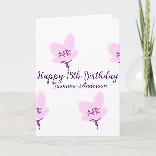 Tarjeta Pink mauve floral 15th birthday quinceanera name d (Anverso)