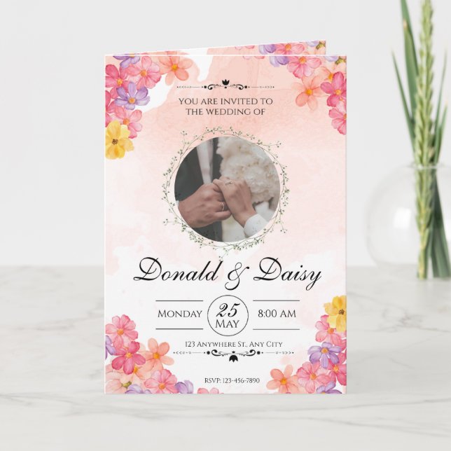 Tarjeta Pink Minimalist Floral Wedding Invitation Card (Anverso)