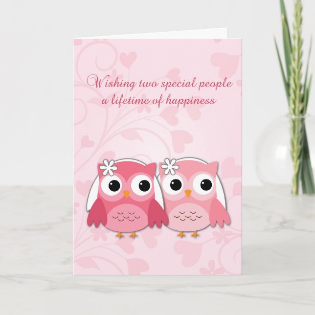 Tarjeta Pink Owls, Swirls and Hearts, Lesbian Wedding (Anverso)