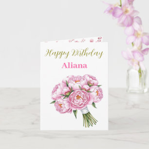 Tarjeta Pink Peony Bouquet Nombre personalizado y Chica de