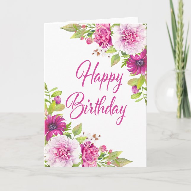 Tarjeta Pink Peony Purple Daisy Summer Feliz cumpleaños (Anverso)