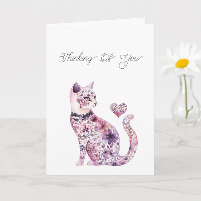 Tarjeta Pink Purple Blush Floral Heart Cat Thinking of you (Planta pequeña)