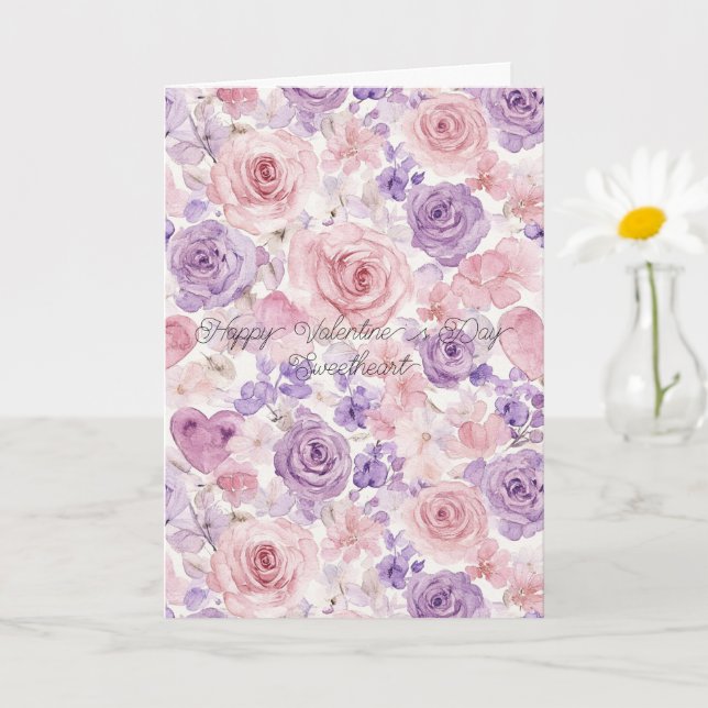 Tarjeta Pink Purple Blush Flowers Hearts Valentine's Day (Planta pequeña)