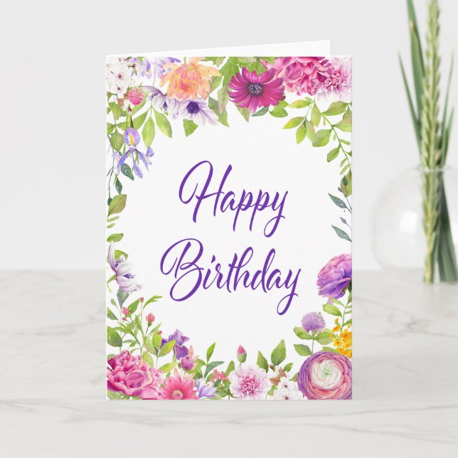 Tarjeta Pink Purple Summer Floral Feliz cumpleaños (Anverso)