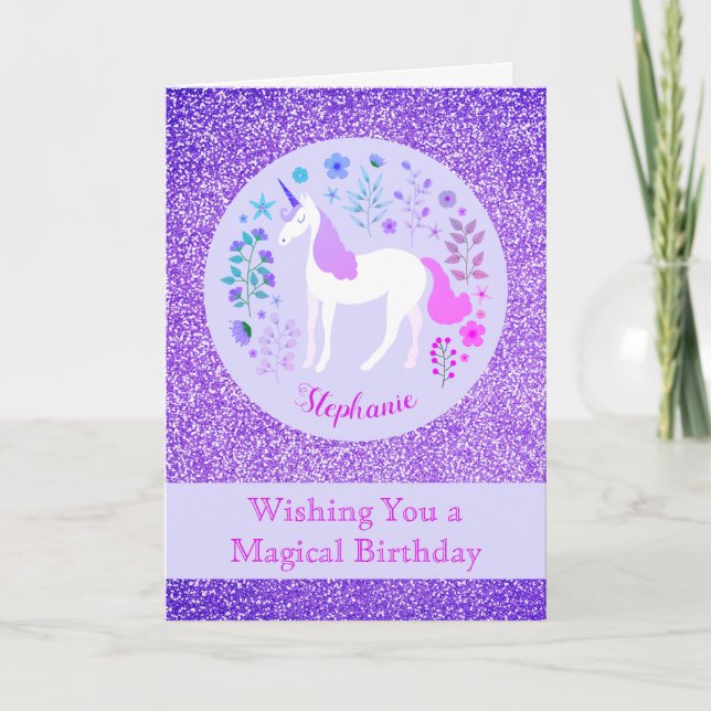 Tarjeta Pink Purple Unicorn Purpurina feliz cumpleaños (Anverso)