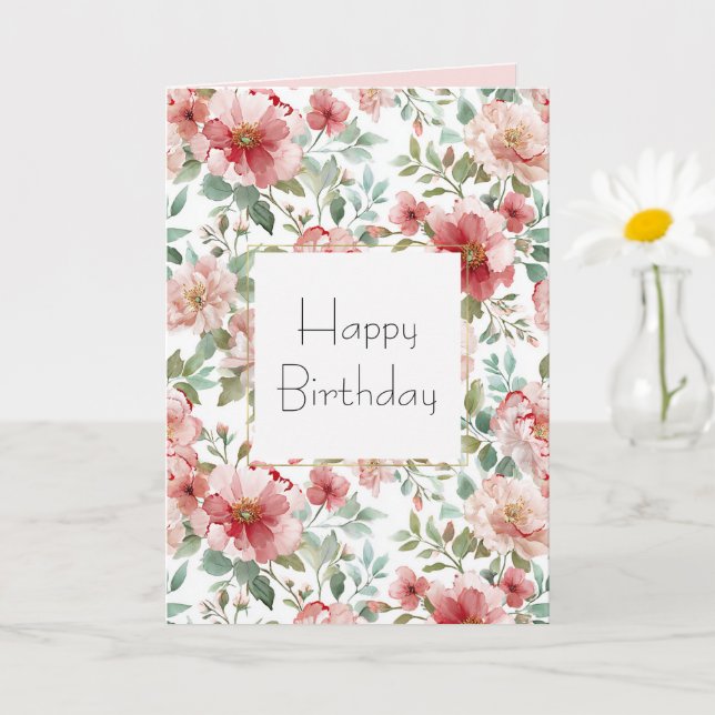 Tarjeta Pink Red Floral Birthday (Planta pequeña)