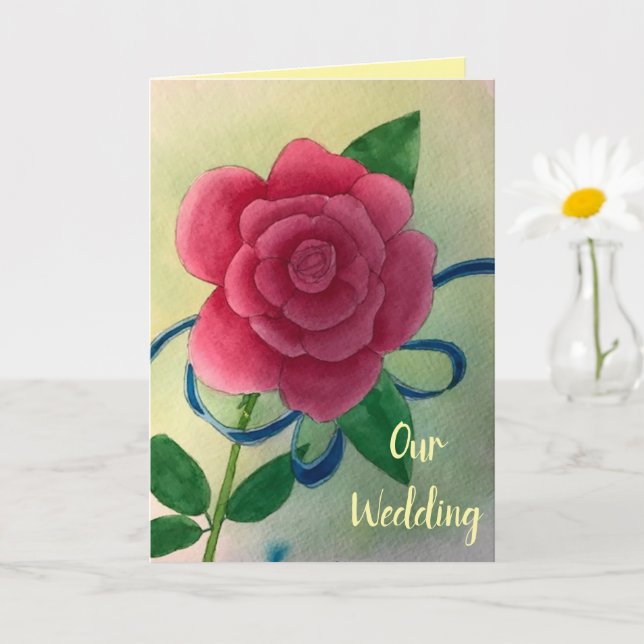 Tarjeta Pink Rose Blue Ribbon Wedding Invitation Cards (Planta pequeña)