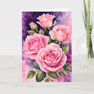 Tarjeta Pink Roses Purple Background Birday