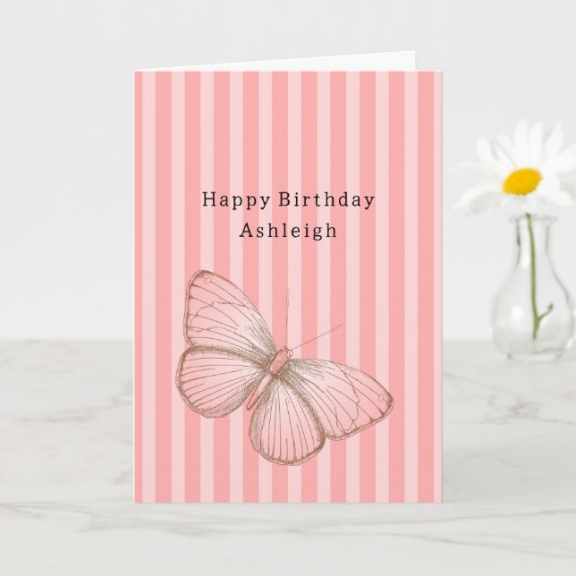 Tarjeta Pink Stripes with Butterfly Birthday (Planta pequeña)