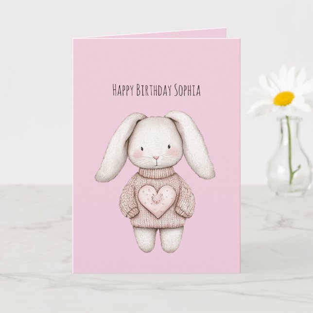 Tarjeta Pink Sweet Cute Bunny Pink Sweater Heart Birthday (Planta pequeña)