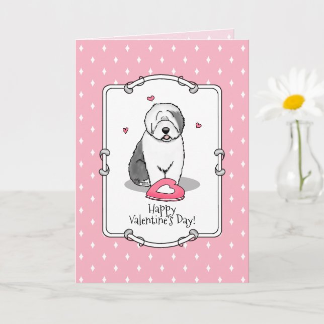 Tarjeta Pink Valentine Old English Sheepdog Gray 1 Fun (Planta pequeña)