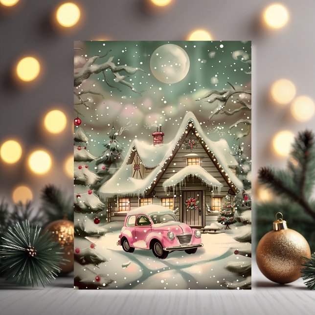 Tarjeta Pink Vintage Car Winter Wonderland (Holiday joy in a winter wonderland with a full moon and cozy cottage glow)