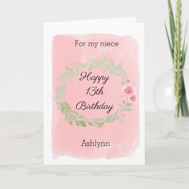 Tarjeta Pink Watercolor Feliz 13° cumpleaños, sobrina (Anverso)