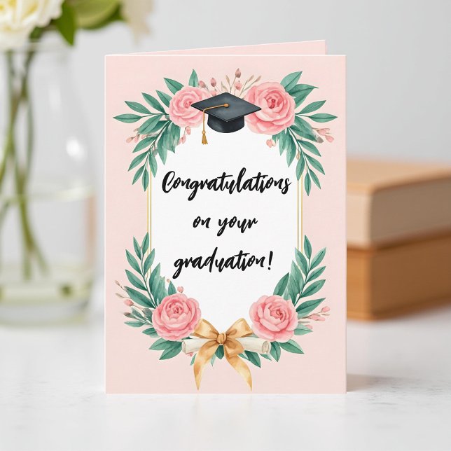 Tarjeta Pink Watercolor Floral Roses Graduation Cap (Subido por el creador)