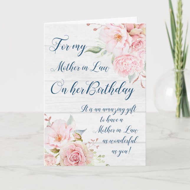 Tarjeta Pink Watercolor Flowers Mother in Law Birthday (Anverso)