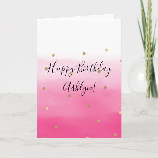 Tarjeta Pink Watercolor Gold Confetti Ombre Cumpleaños (Anverso)
