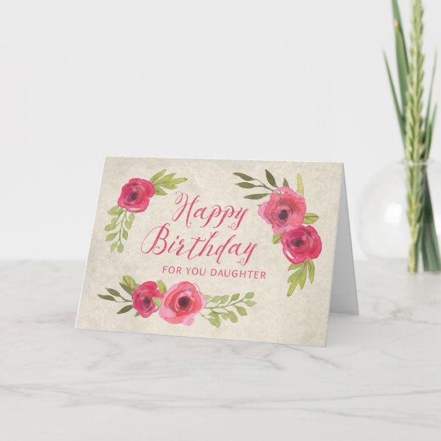Tarjeta Pink Watercolor Roses Daughter Birthday Card (Anverso)