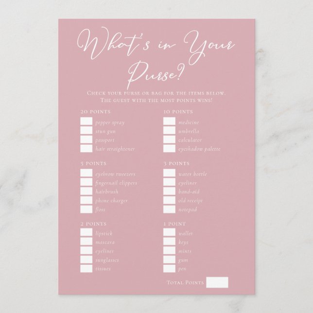 Tarjeta Pink What's in Your Purse Bridal Shower Game (Anverso)