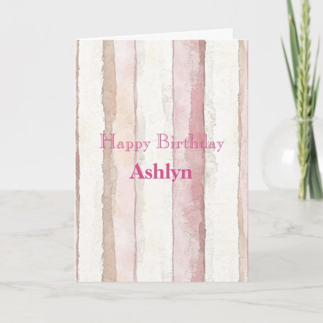 Tarjeta Pink White Beige Stripes Birthday (Anverso)