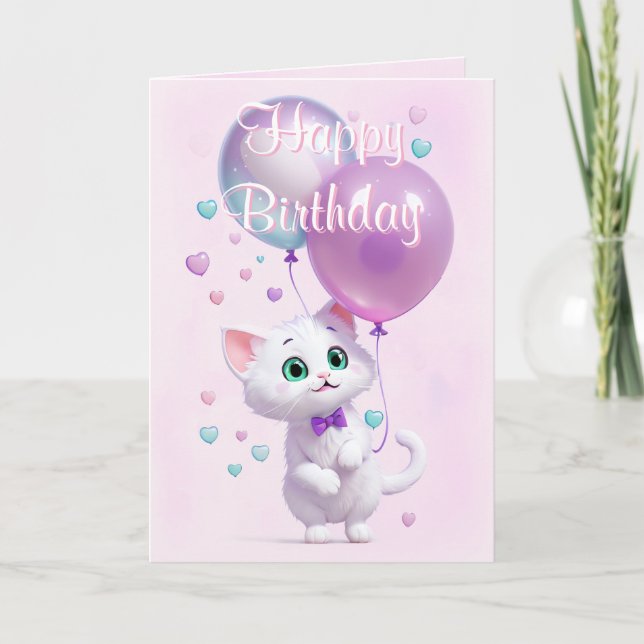 Tarjeta Pink White Kitten with Balloons Birthday (Anverso)