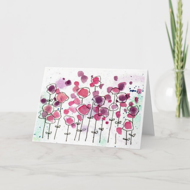 Tarjeta Pink Wildlfower Meadow Blank Note Card Watercolor (Anverso)