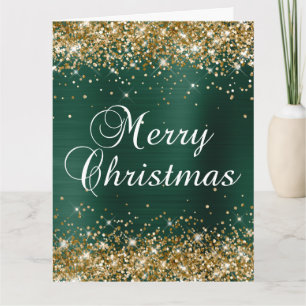 Tarjeta Pino brillo dorado gran verde foil alegre Navidad