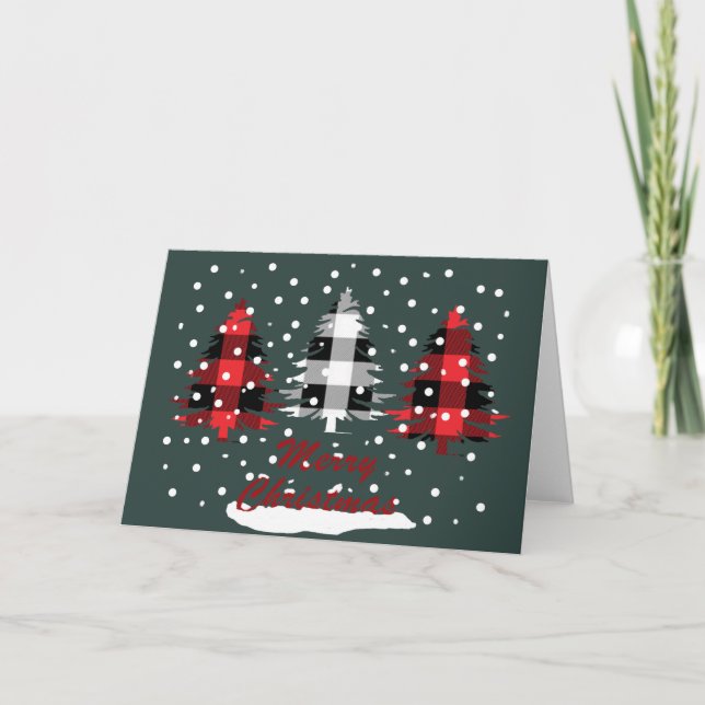 Tarjeta pinos adornados con mantas de búfalo y navidades (Anverso)