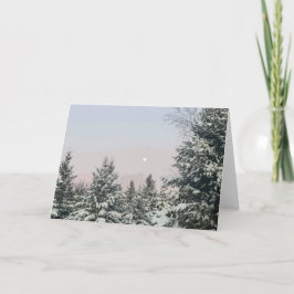 Tarjeta Pinos Cubiertos de Nieve Luna Puesta de Sol
