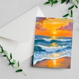 Tarjeta pintada acuarela puesta de sol naranja mar