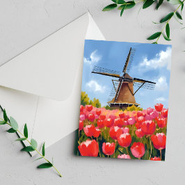 Tarjeta pintada con acuarela del campo de tulipane