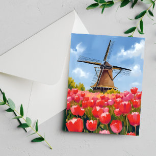 Tarjeta pintada con acuarela del campo de tulipane