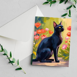 Tarjeta pintada con aquarelas de flores y gatito g