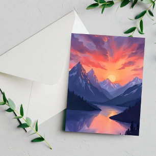 Tarjeta pintada de lago al atardecer con cordiller