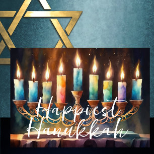 Tarjeta Pintado acuático de velas de colores Menorah