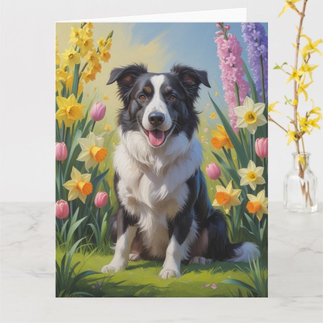 Tarjeta Pintado de flores de primavera de perro collie de  (flor amarilla)