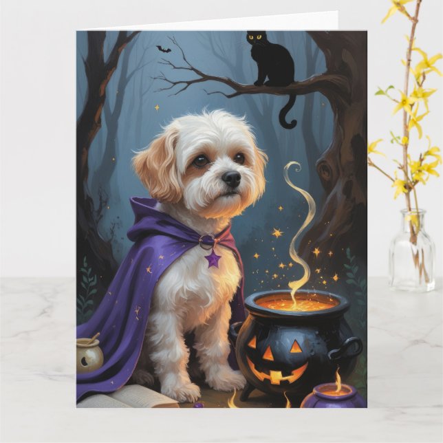 Tarjeta Pintado de Halloween de Whimsical de Bichon Frise  (flor amarilla)