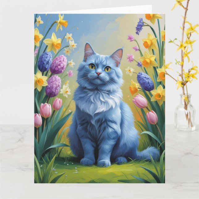 Tarjeta Pintado de la primavera del gato azul ruso (flor amarilla)