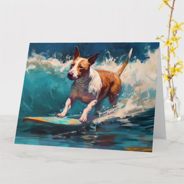 Tarjeta Pintado de surf Bull Terrier Beach (flor amarilla)