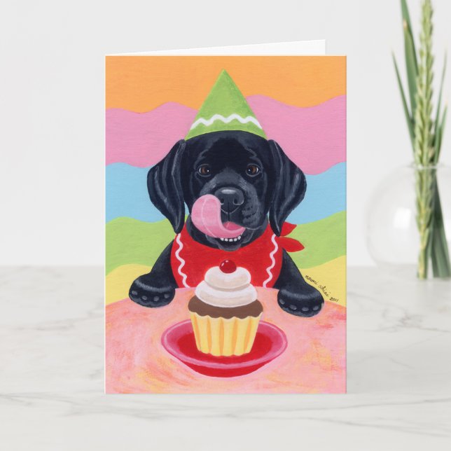 Tarjeta Pintado de tarta de cumpleaños en Black Lab Puppy (Anverso)